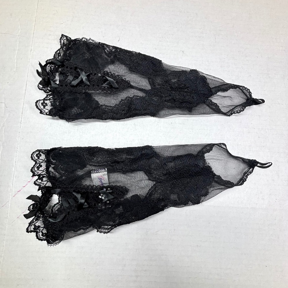 VTG‎ Frederick's of Hollywood Black Lace Fingerless Gloves Bows S-2XL Nylon EUC - Picture 2 of 6